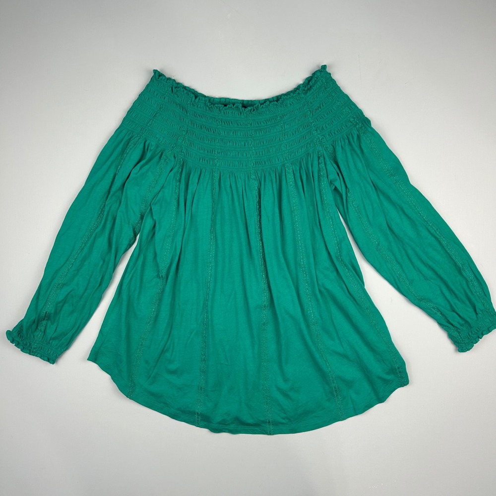 Lauren Ralph Lauren Green Smocked Off The Shoulder Blouse Embroidery Top 0732